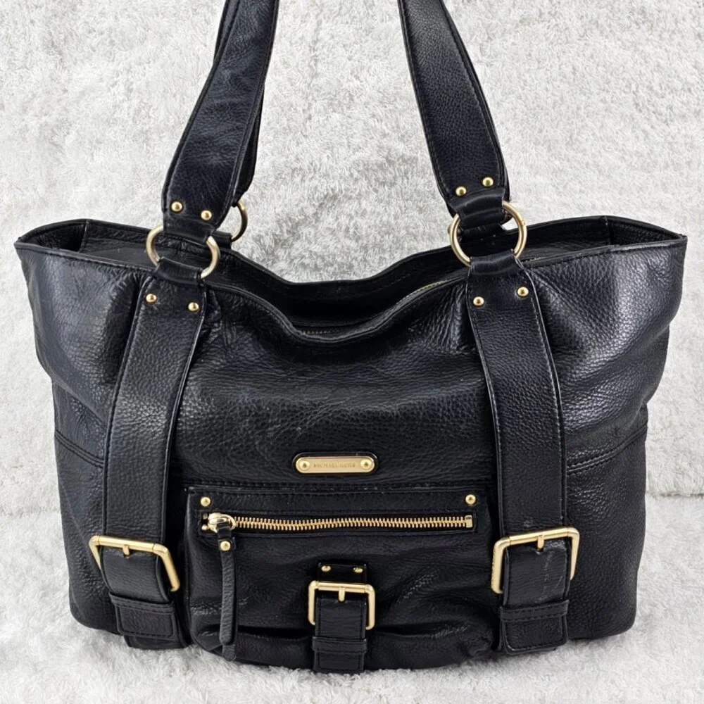 MICHAEL KORS Austin Black Pebble Leather Shoulder Bag Tote Gold Buckle Accents
